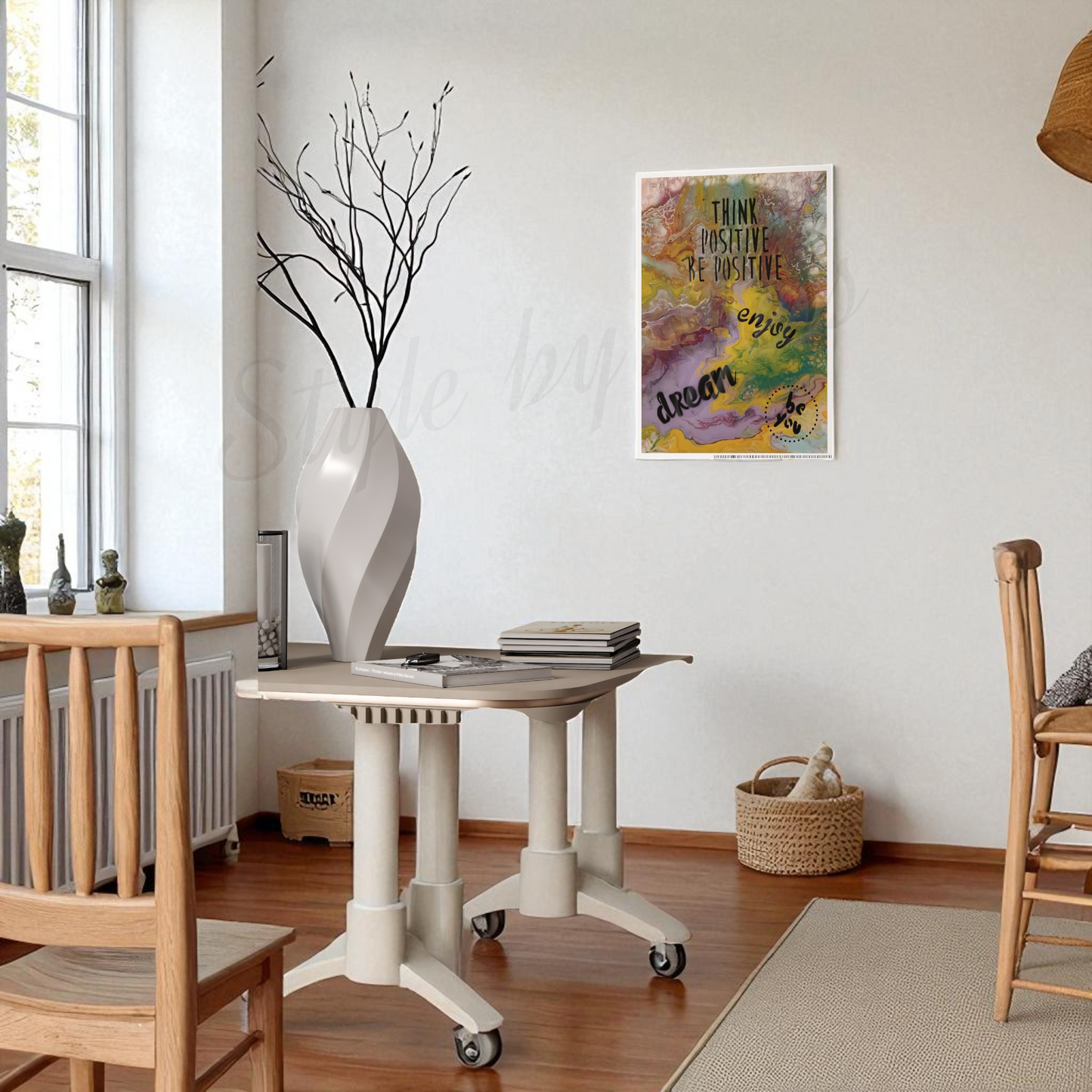 Modern interior with a table, chairs, and decorative items in a room.