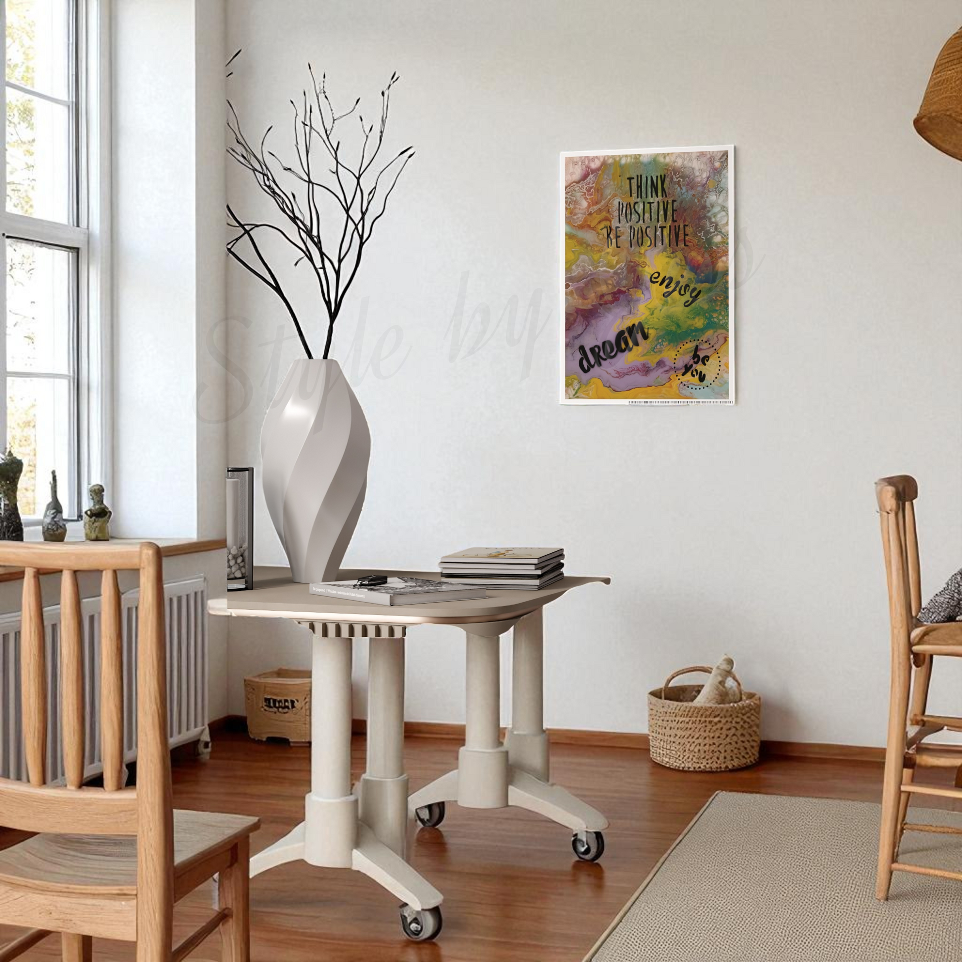 Modern interior with a table, chairs, and decorative items in a room.