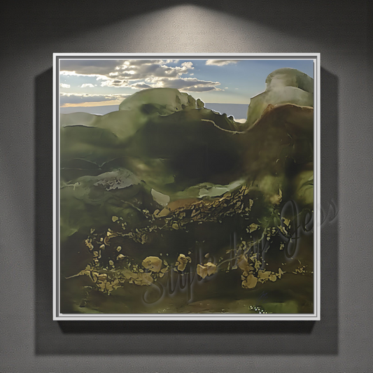 Framed artwork of a landscape with mountains and sky on a gray wall boho decor.