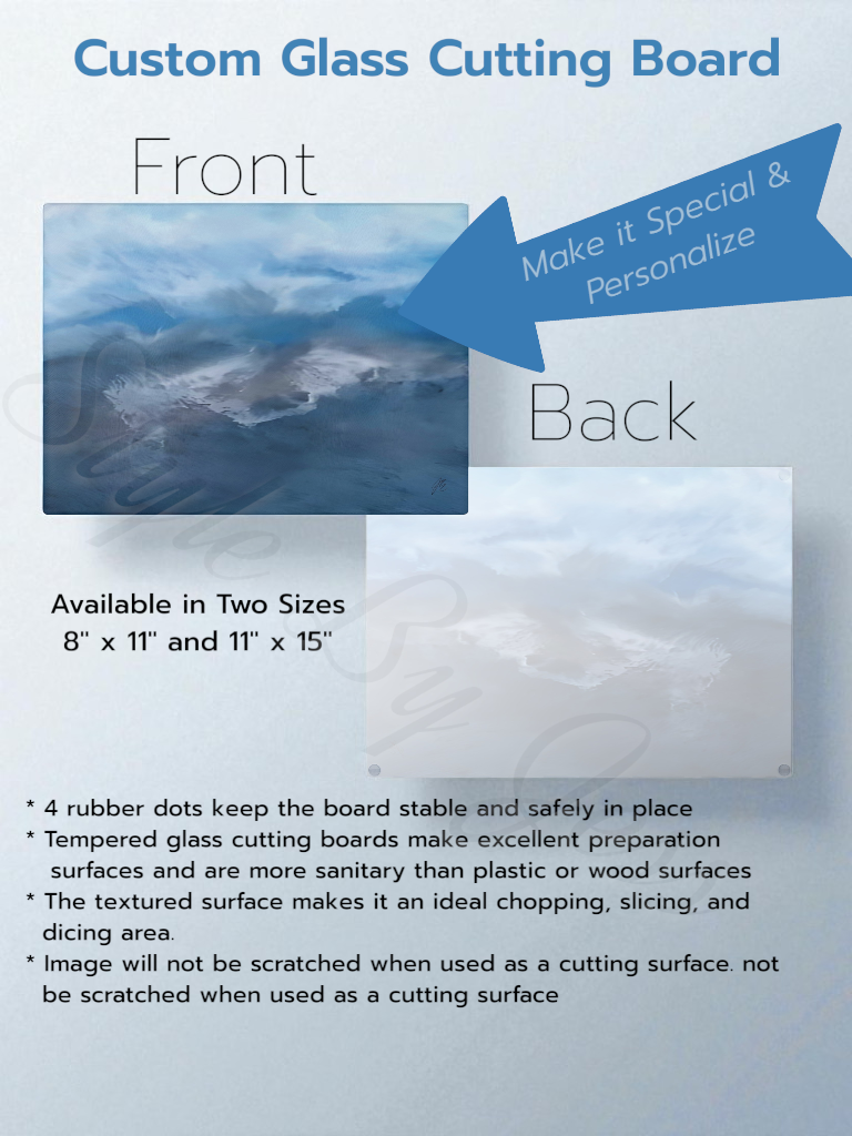 Detail Sheet for abstract art a custom glass cutting board with front and back views, size options, and features.