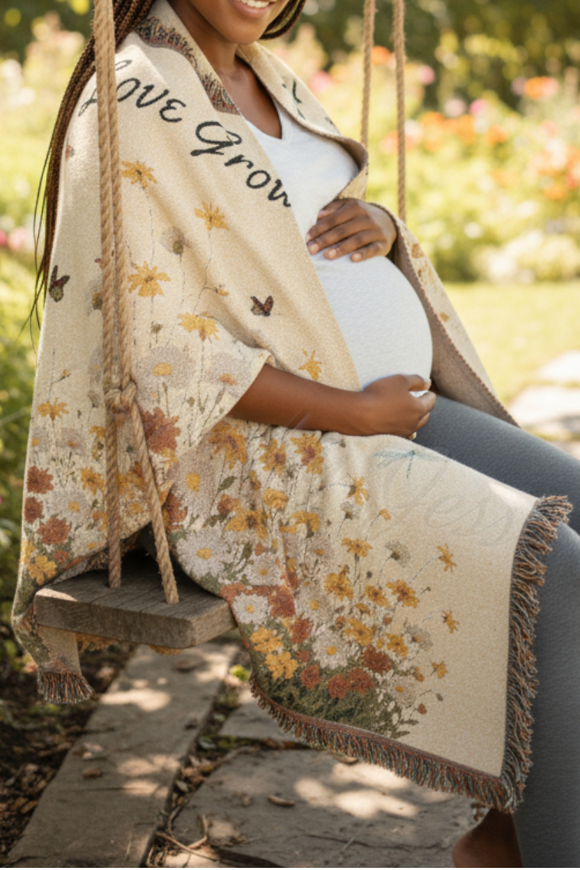 Pregnant woman sitting on a swing with a floral blanket draped over her, surrounded by nature.
