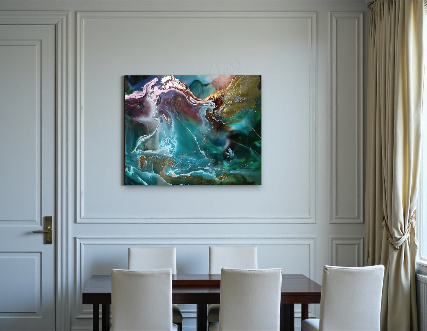 Abstract painting on a wall above a dining table with chairs in a dining room.
