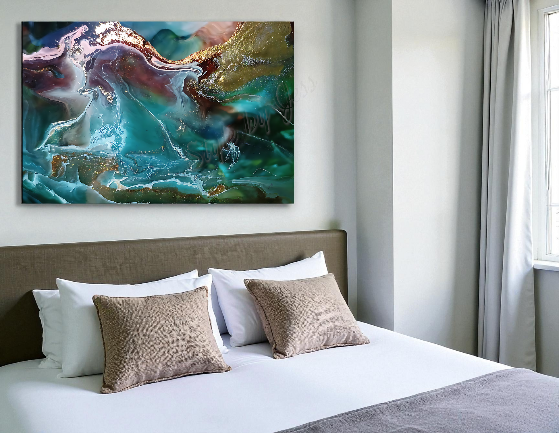 Bedroom home decor with metal wall art of abstract painting on the wall