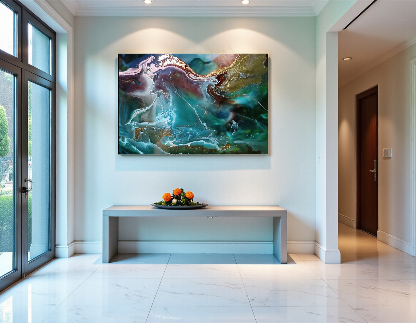 Modern interior with a colorful abstract painting on a wall above a table.