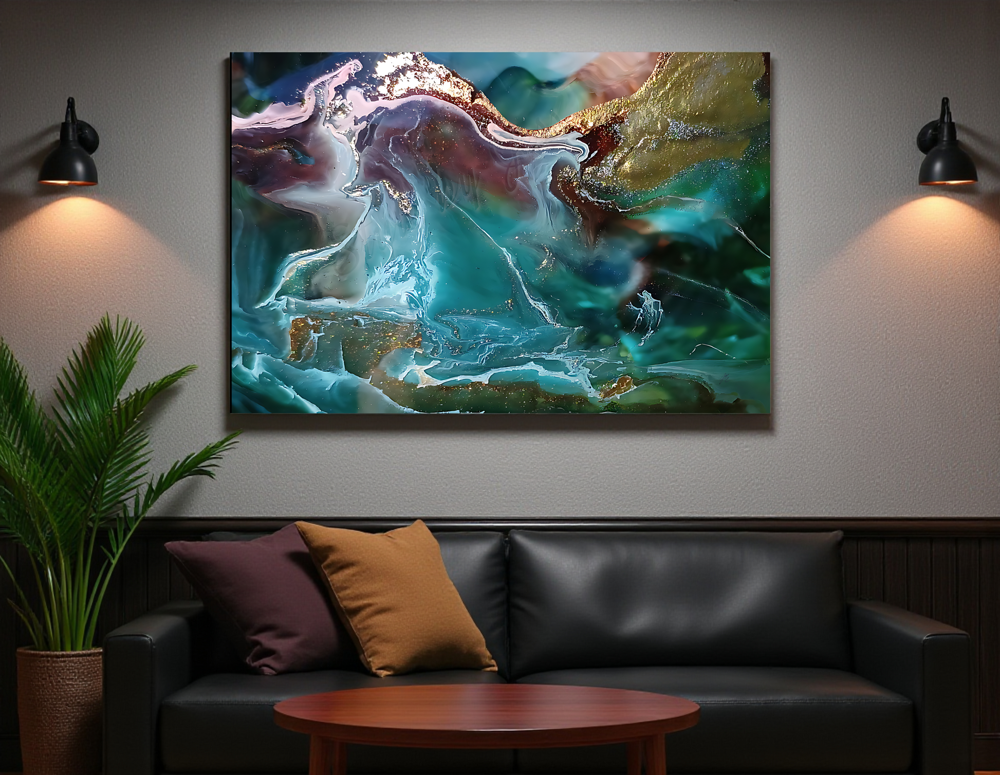 Abstract painting on a wall above a black leather sofa with colorful cushions a Style by Jess at Gotta Have It Design