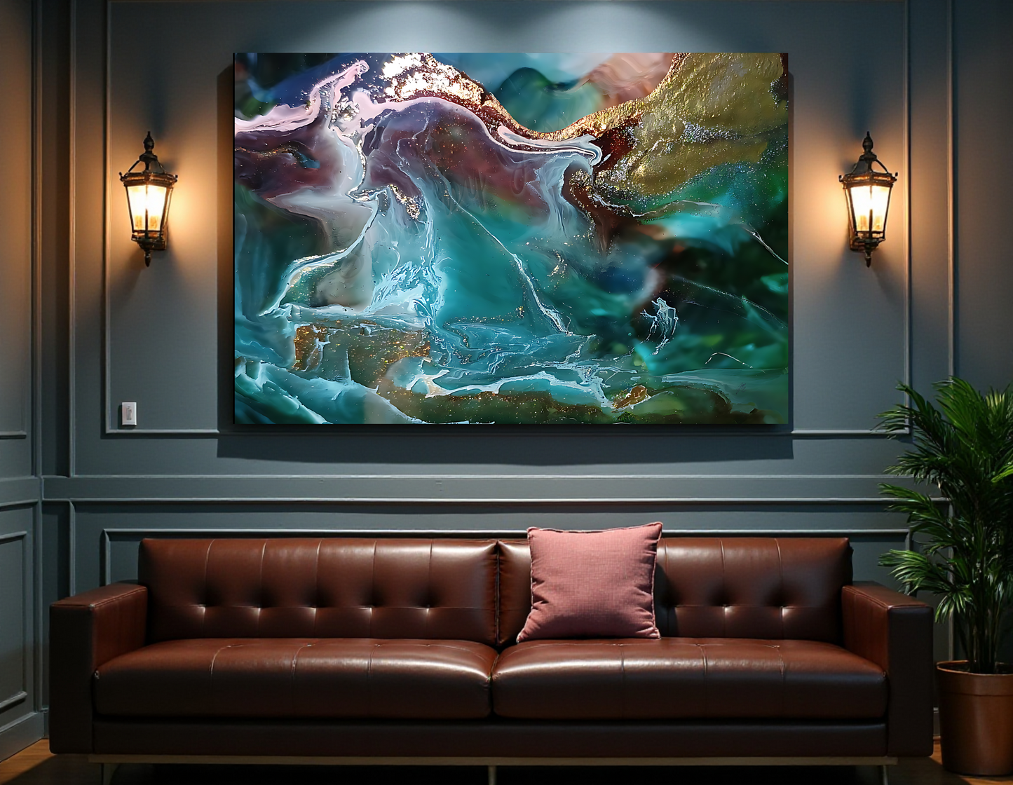 Abstract metal wall art painting on a wall above a brown leather sofa with a pink pillow a Style by Jess