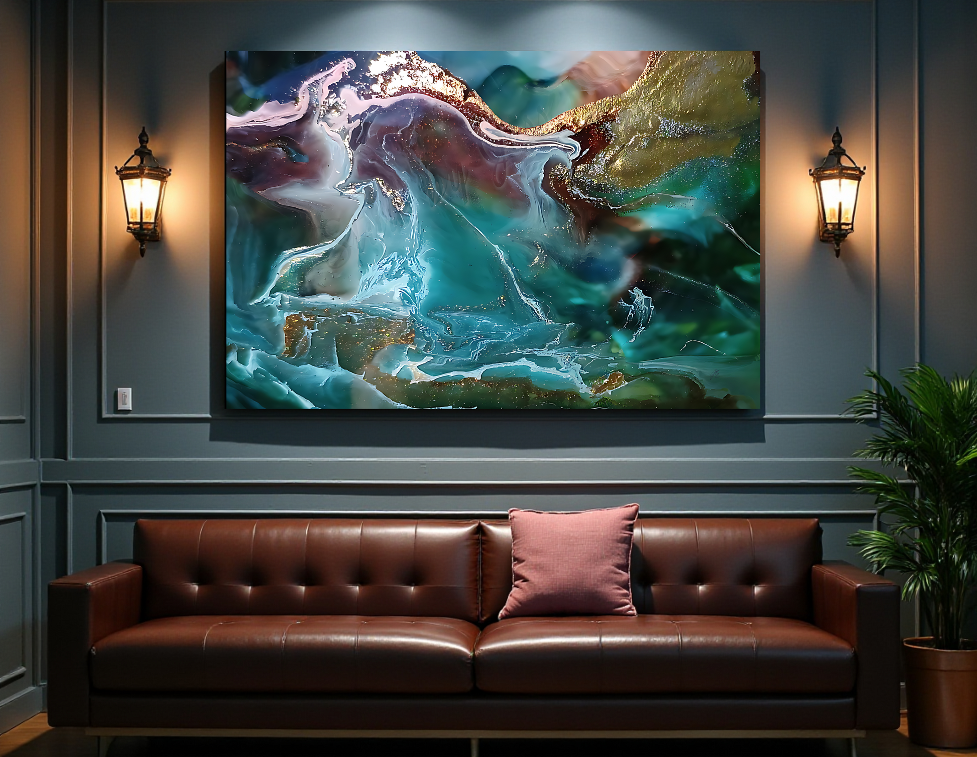 Abstract metal wall art painting on a wall above a brown leather sofa with a pink pillow a Style by Jess