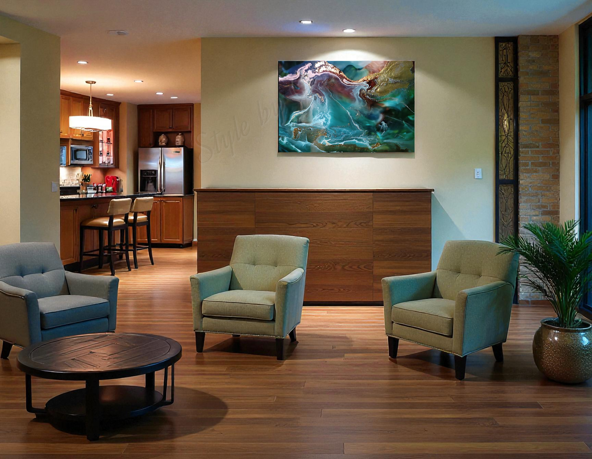 Living room with three green chairs, a wooden coffee table, and a colorful abstract painting on the wall.