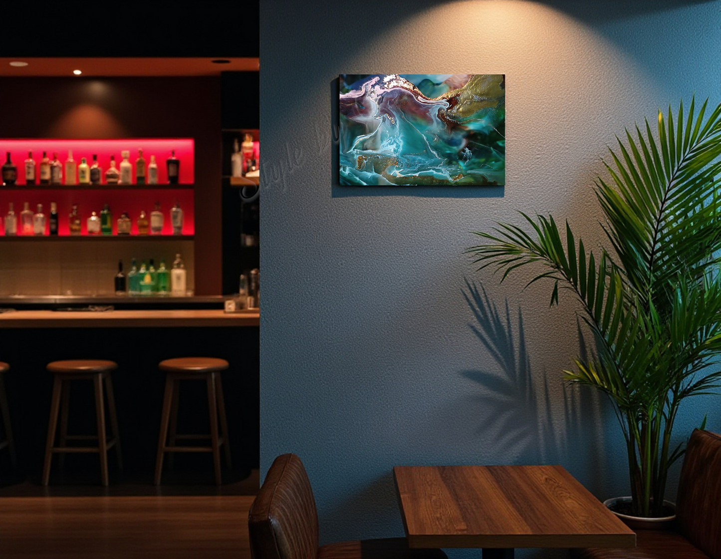 Artistic abstract painting on a wall in a bar setting with a plant and bar stools.