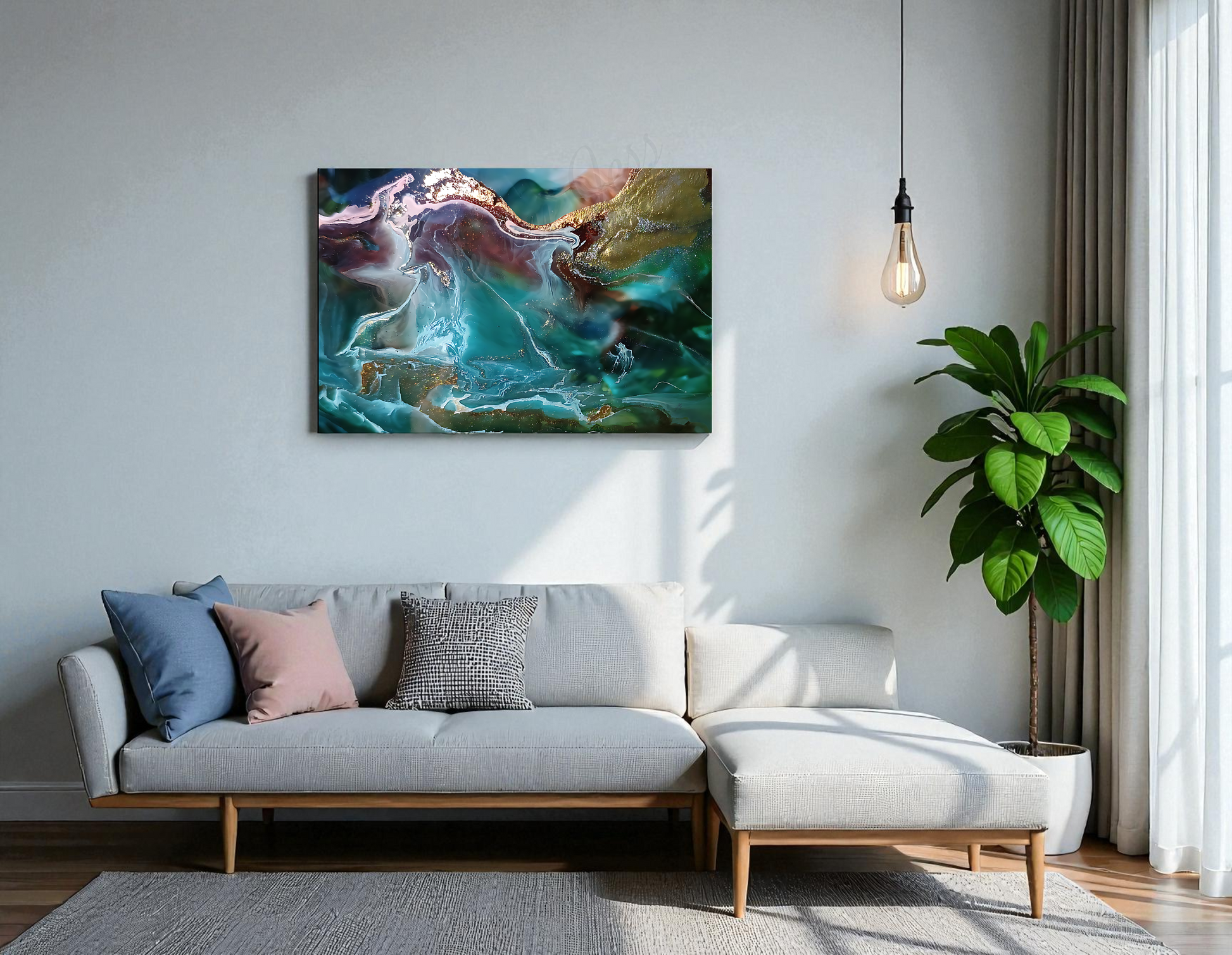 Modern living room with a gray sofa, colorful abstract metal wall art, and a plant.