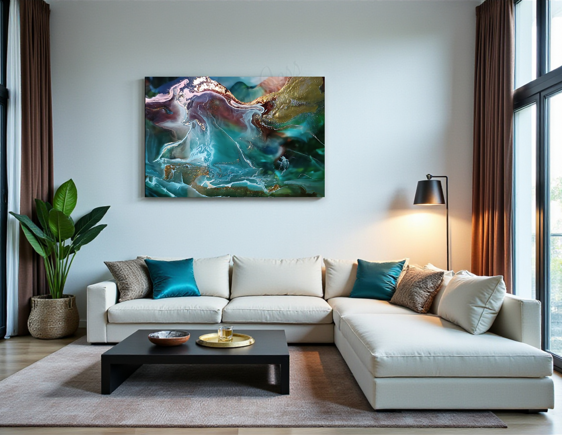 Modern living room with a white sofa, coffee table, and modern abstract painting on the wall.