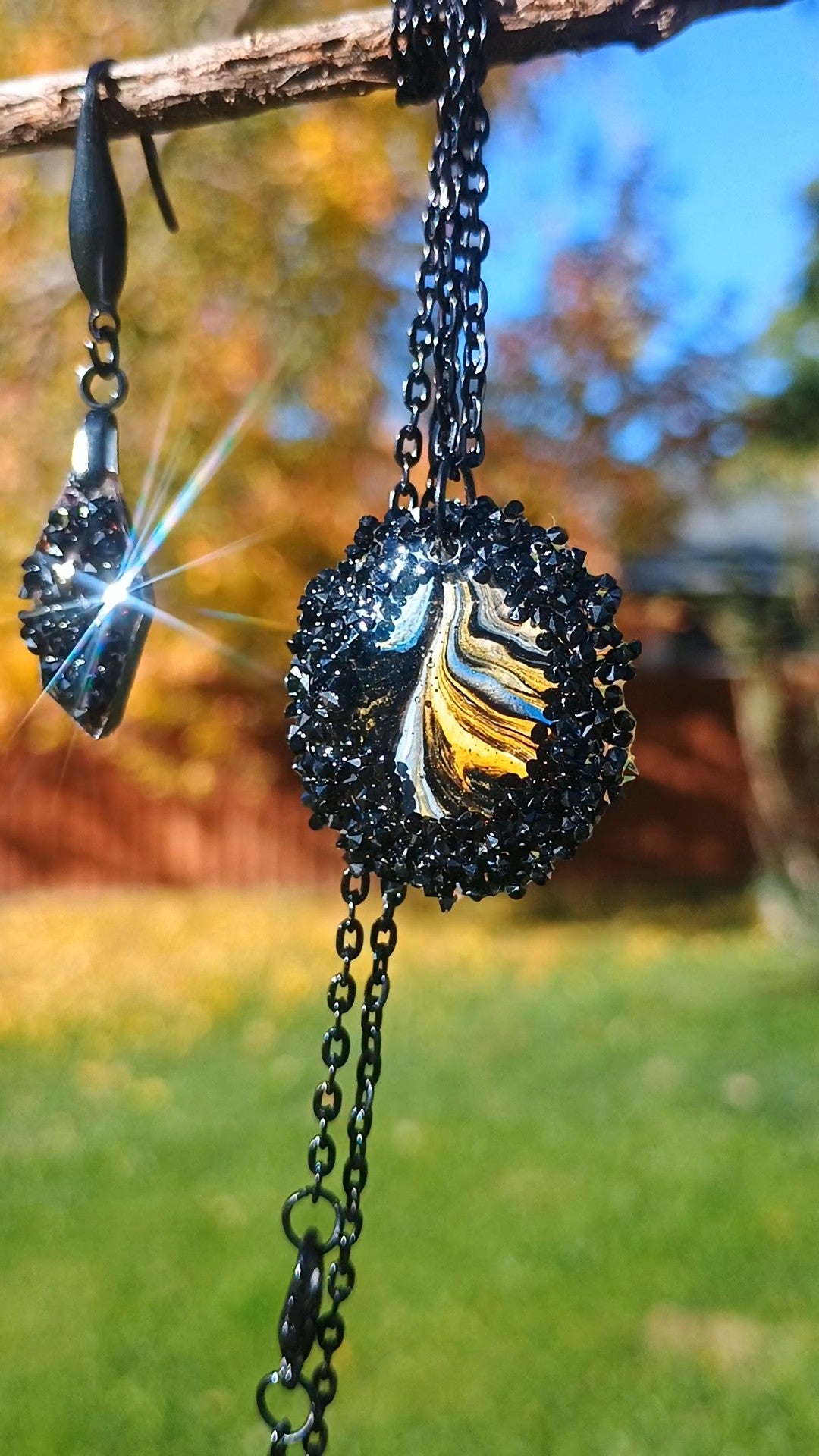 Necklace and Earring Set – Black Crystal & Handmade Art Pendant