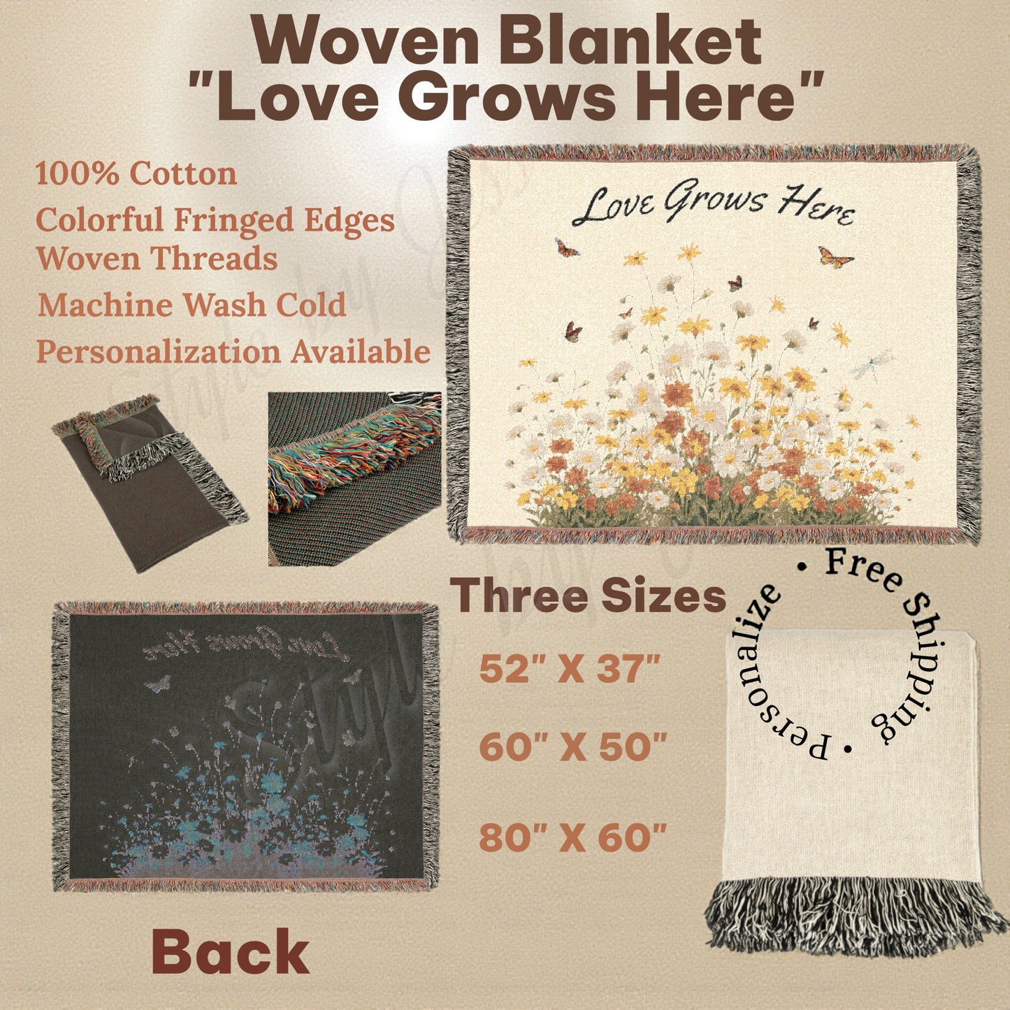 Woven blanket spec sheet with floral design and text 'Love Grows Here' on a beige background with wild flowers and butterflies available in three sizes a Style By Jess at Gotta Have It Design