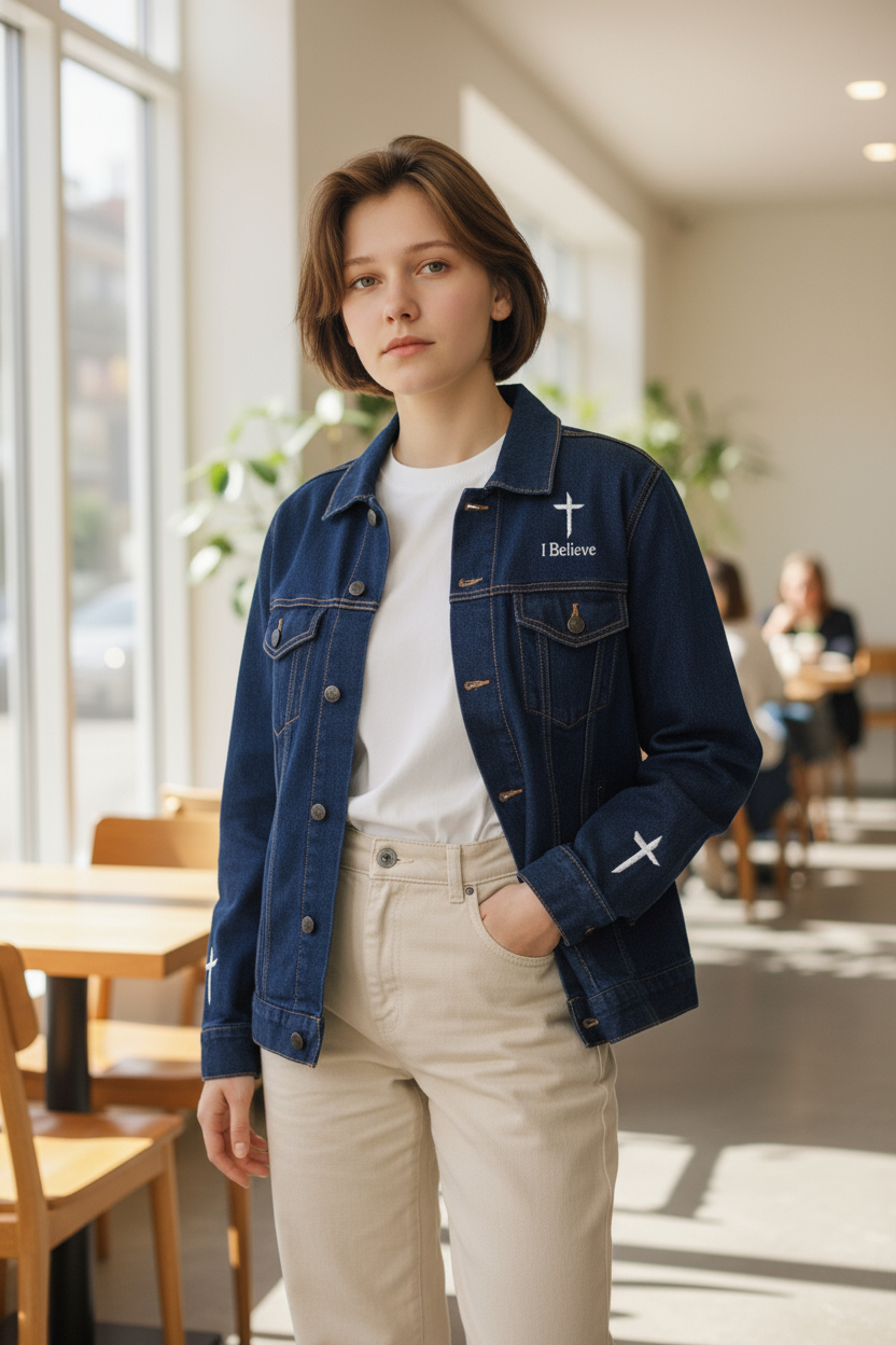 Woman wearing a denim jacket with embroidered designs in a casual setting