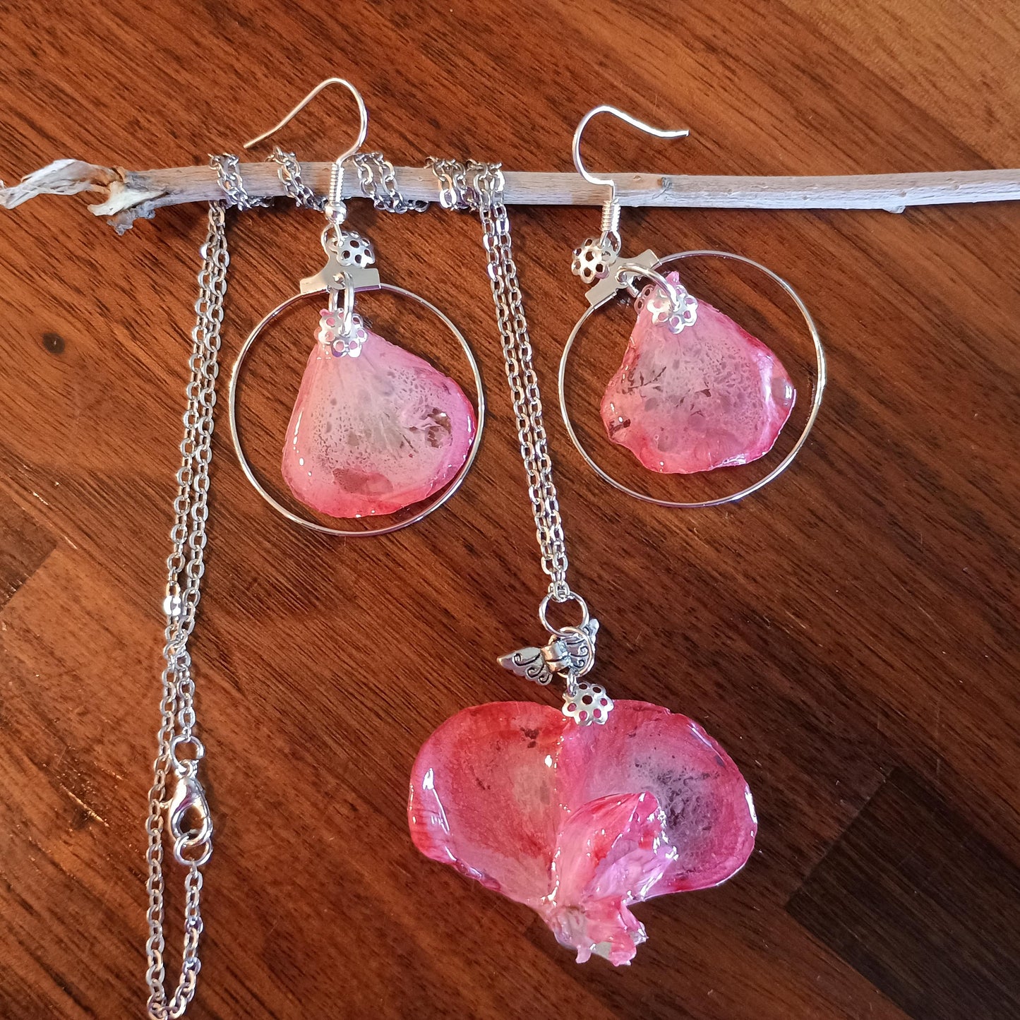 Pink Flower Petal Jewelry Set - Handmade Geranium Earrings & Necklace - Unique Gift