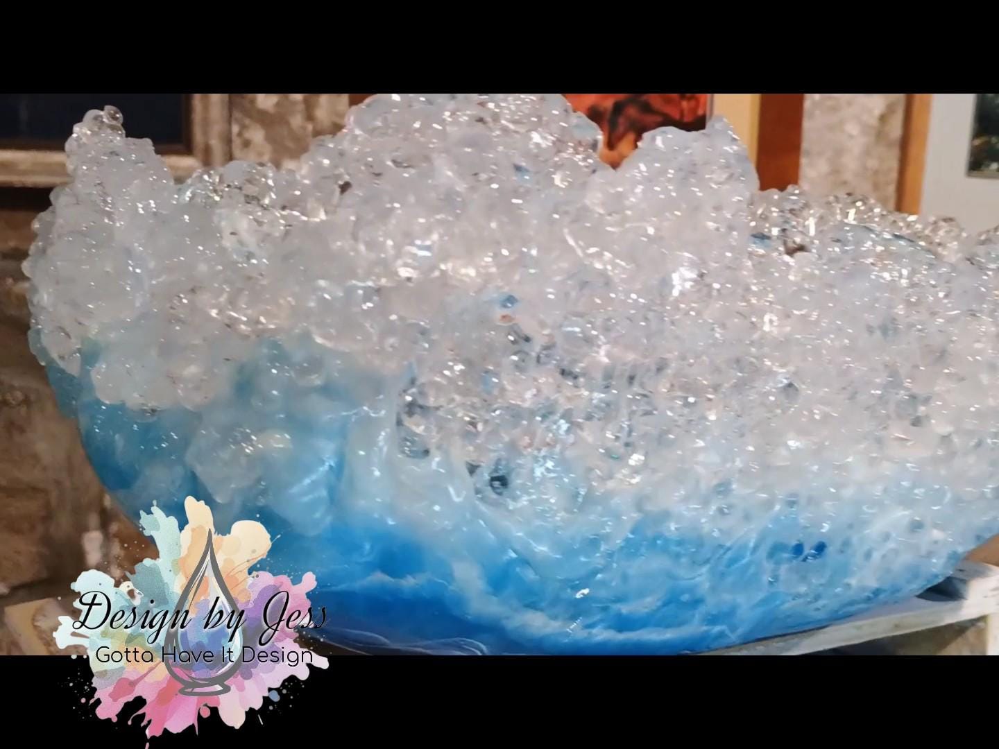 Large crystal-like ocean wave bowl with blue and white colors, featuring 'Design by Jess' branding.
