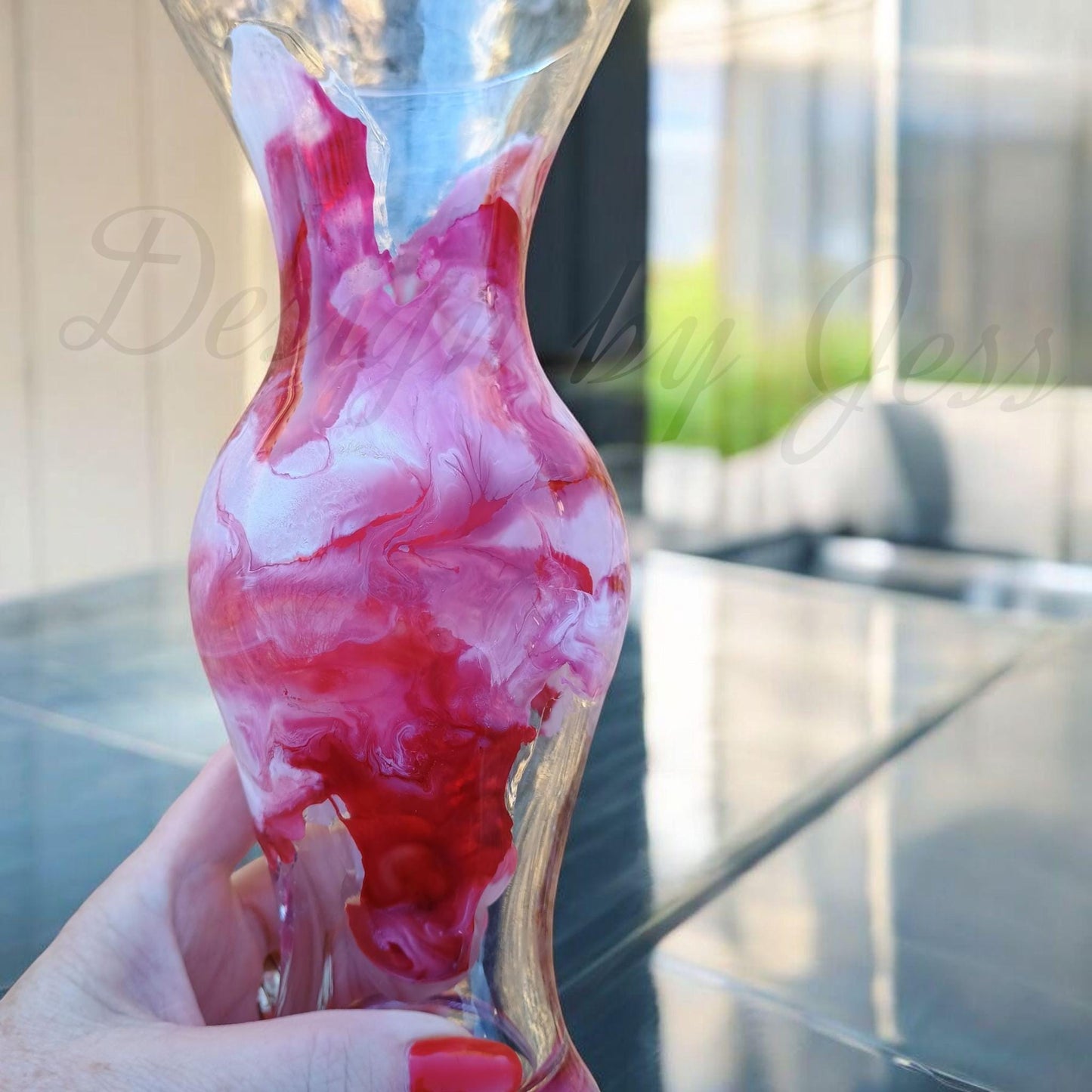 Red Abstract Art Glass Vase | Handmade Resin Centerpiece | Anniversary & Gift for Her