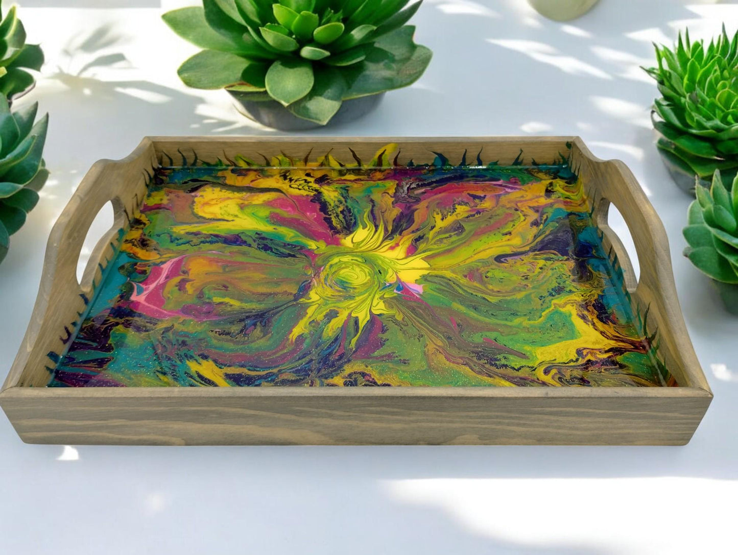 Abstract Art Wood Serving Tray – Colorful Boho Centerpiece | Ottoman Tray | Unique Handmade Gift for Her | Style by Jess
