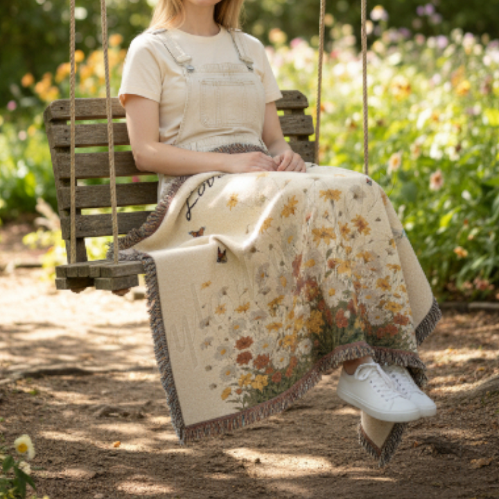 Person sitting on a wooden swing with a floral blanket in a garden setting