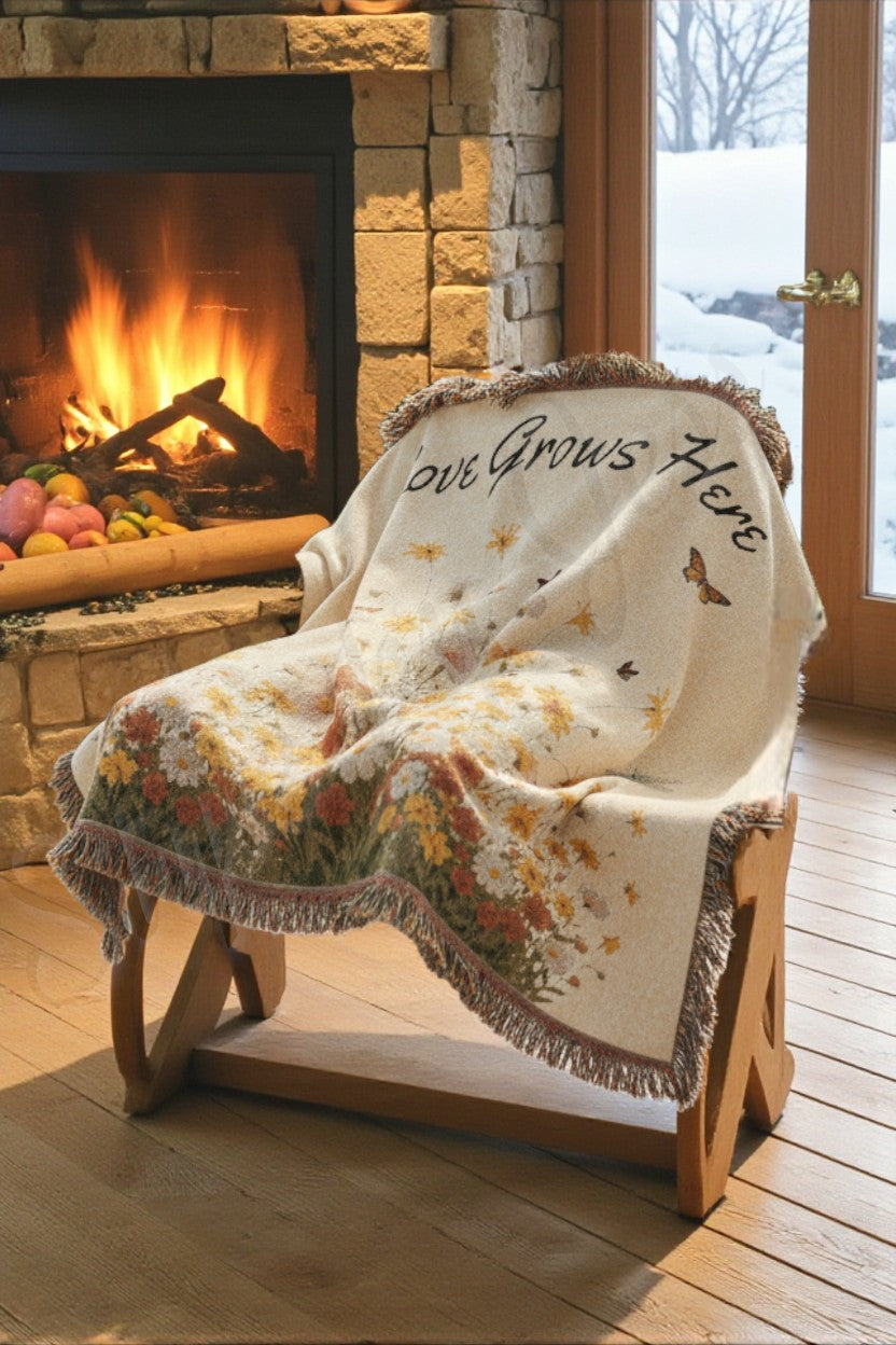 Decorative rocking chair with a floral blanket in front of a fireplace blanket gift idea for mom.