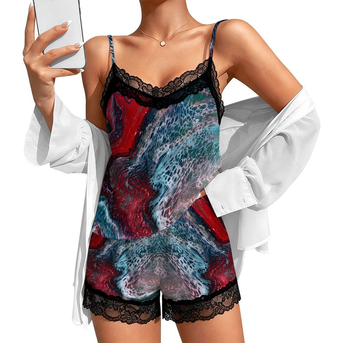 Women's Lace Cami Pajama Set – Teal & Red Abstract Art Print