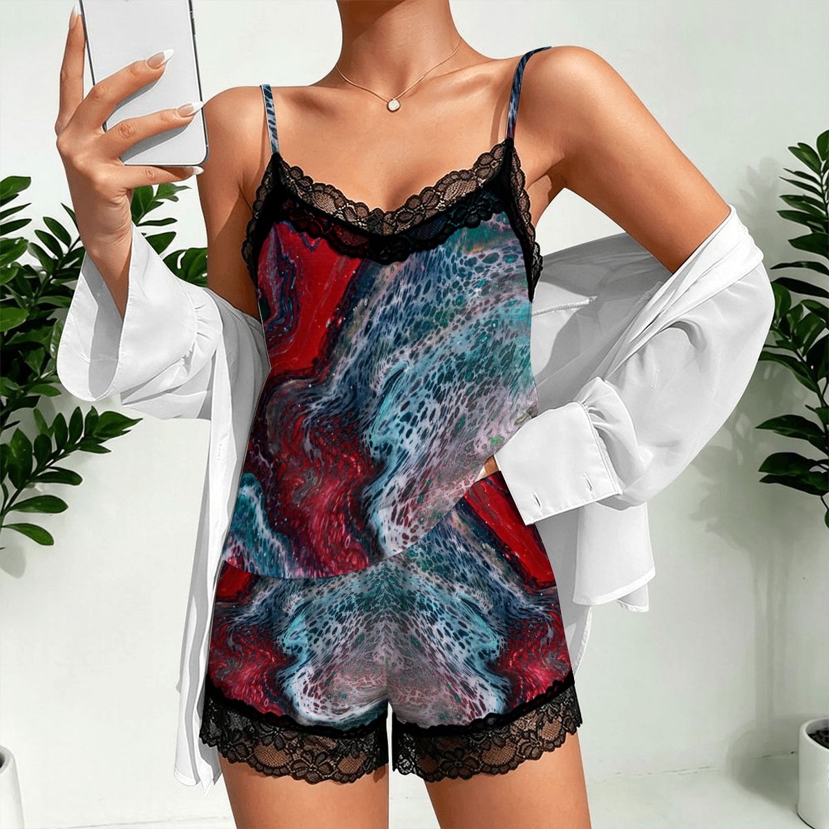 Women's Lace Cami Pajama Set – Teal & Red Abstract Art Print