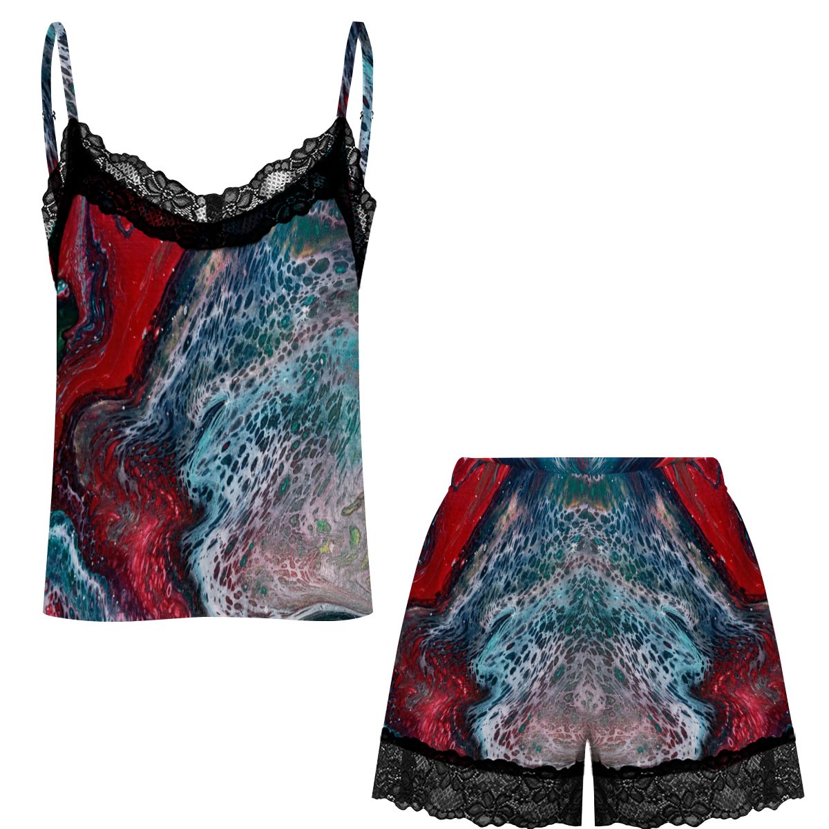 Women's Lace Cami Pajama Set – Teal & Red Abstract Art Print