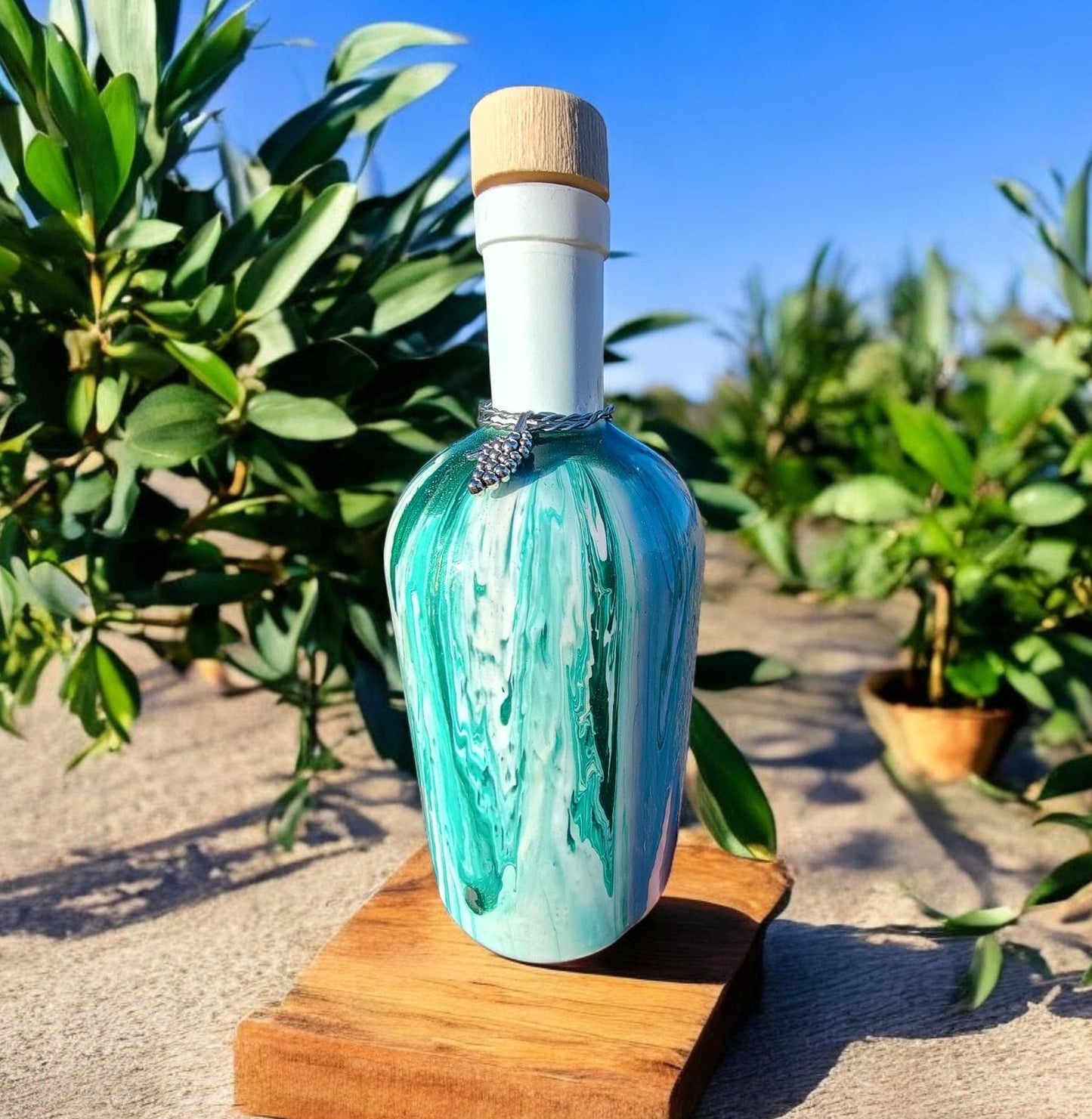 Glass Olive Oil Bottle Green Abstract Art Cruet Kitchen Decor Gift for Mom
