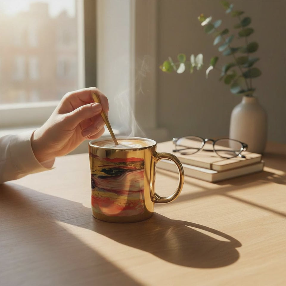 Video of custom mug with art printed on a gold background. Person stirring their coffee. 