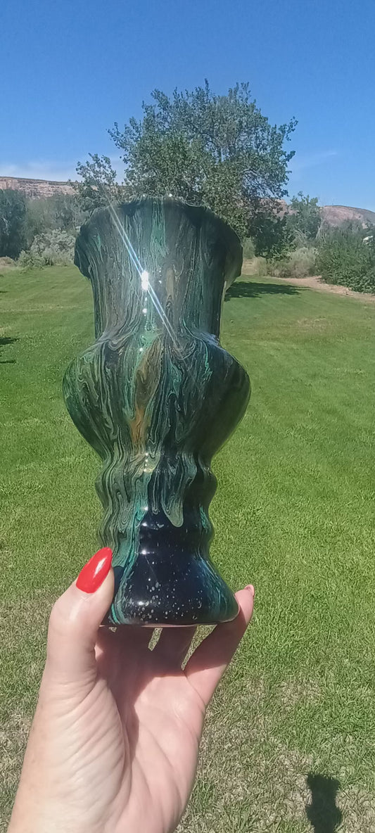Fluid Art Glass Vase | Teal Green & Gold | Handmade Signed Original | 8" Decorative Vase | Style By Jess