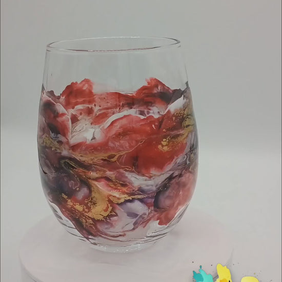Video of Wine Glass Art a Style By Jess Red, Deep Purple, Black and Gold Marbled Effect