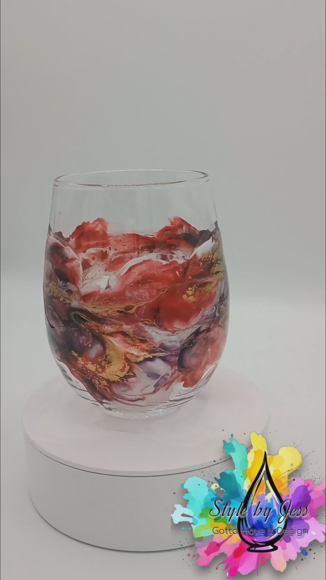 Video of Wine Glass Art a Style By Jess Red, Deep Purple, Black and Gold Marbled Effect