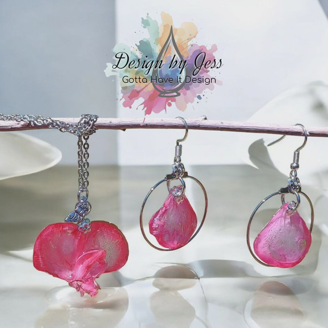 Video of pink flower petal earring and necklace set.