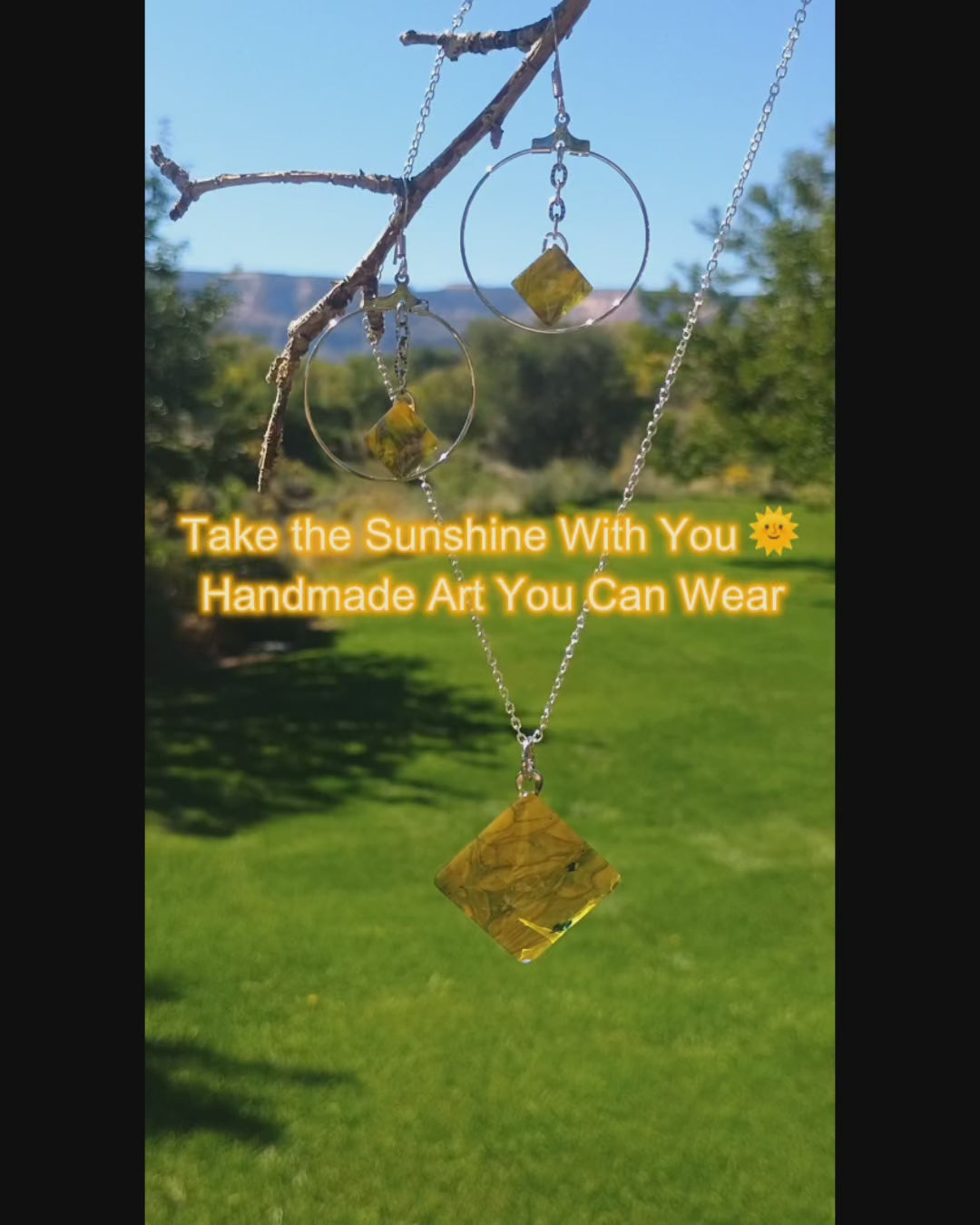 Video of yellow handmade jewelry set with a natural green landscape in the background a Style By Jess at Gotta Have It Design