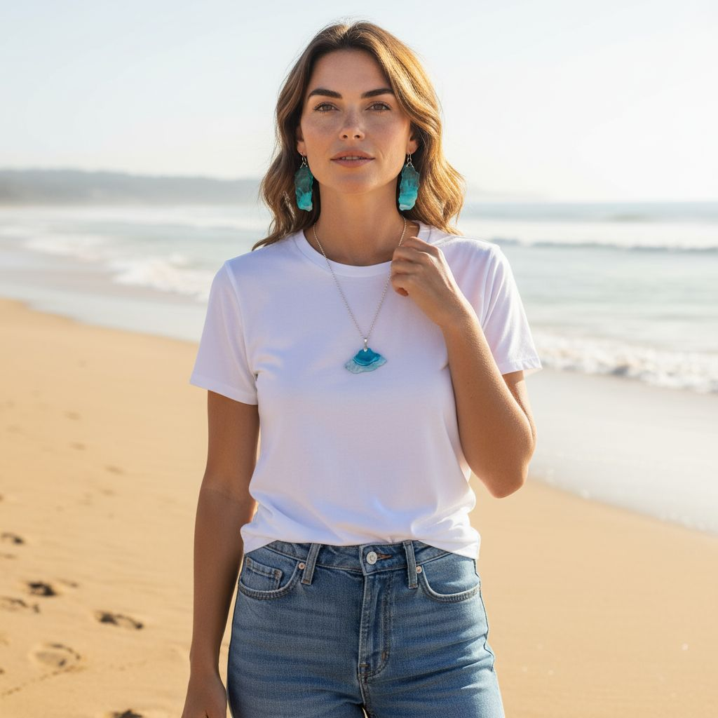Woman on a beach wearing a white t-shirt with a blue pendant necklace and blue jeans.