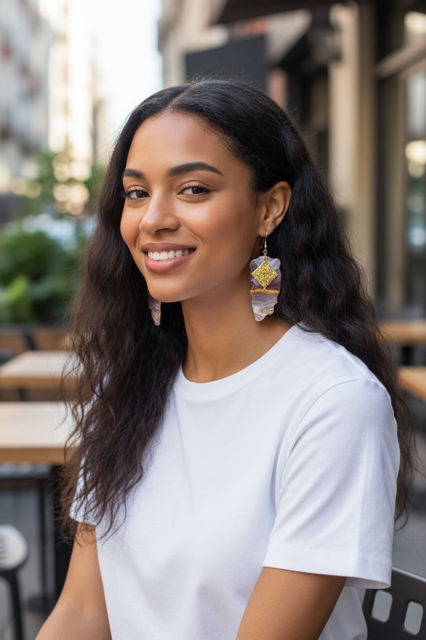 Woman wearing a white t-shirt with colorful earrings outdoors