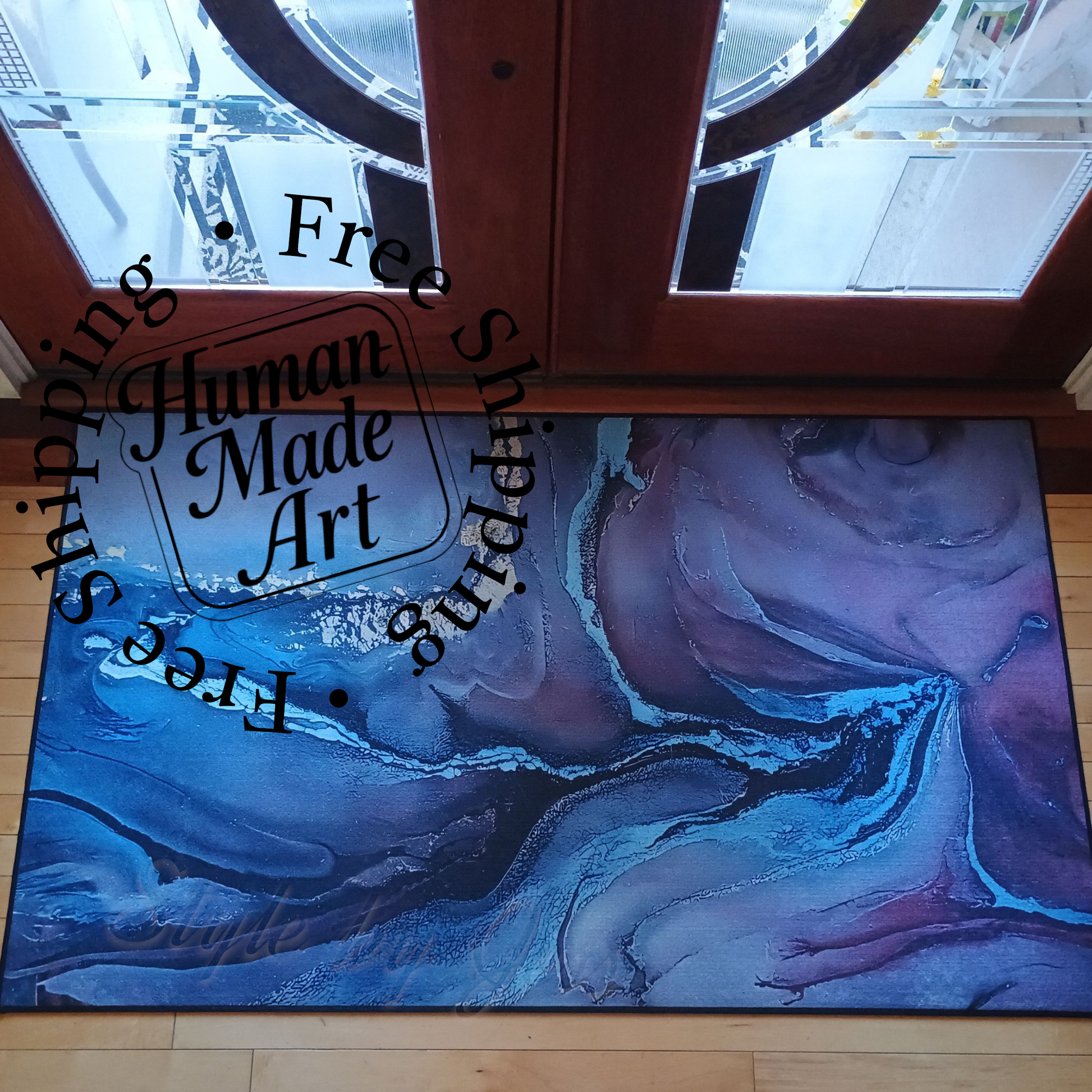 Abstract art rubber mat on a wooden floor modern home decor.