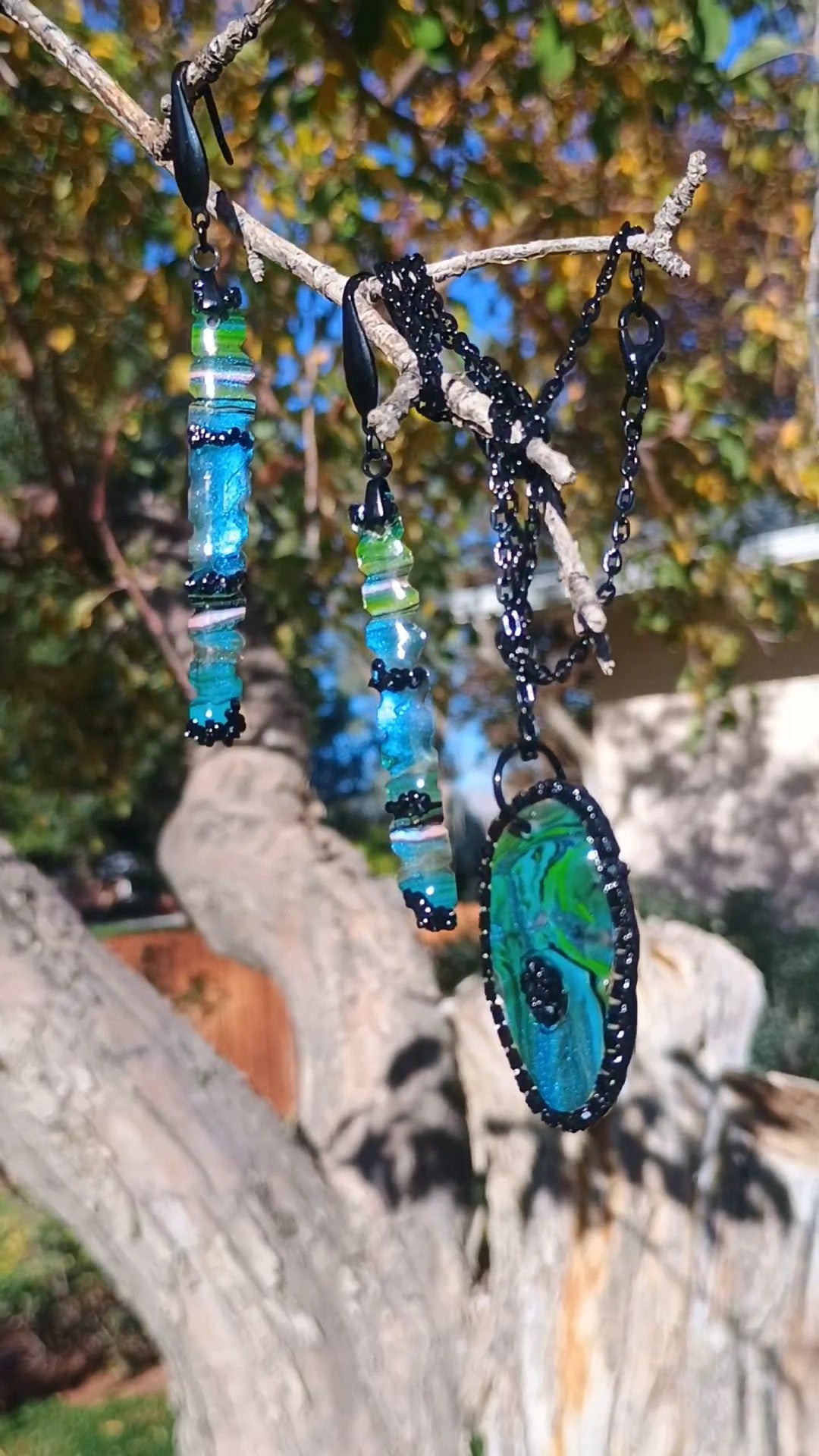 Necklace and Earring Set – Blue & Green Handmade Art Jewelry with Black Crystals