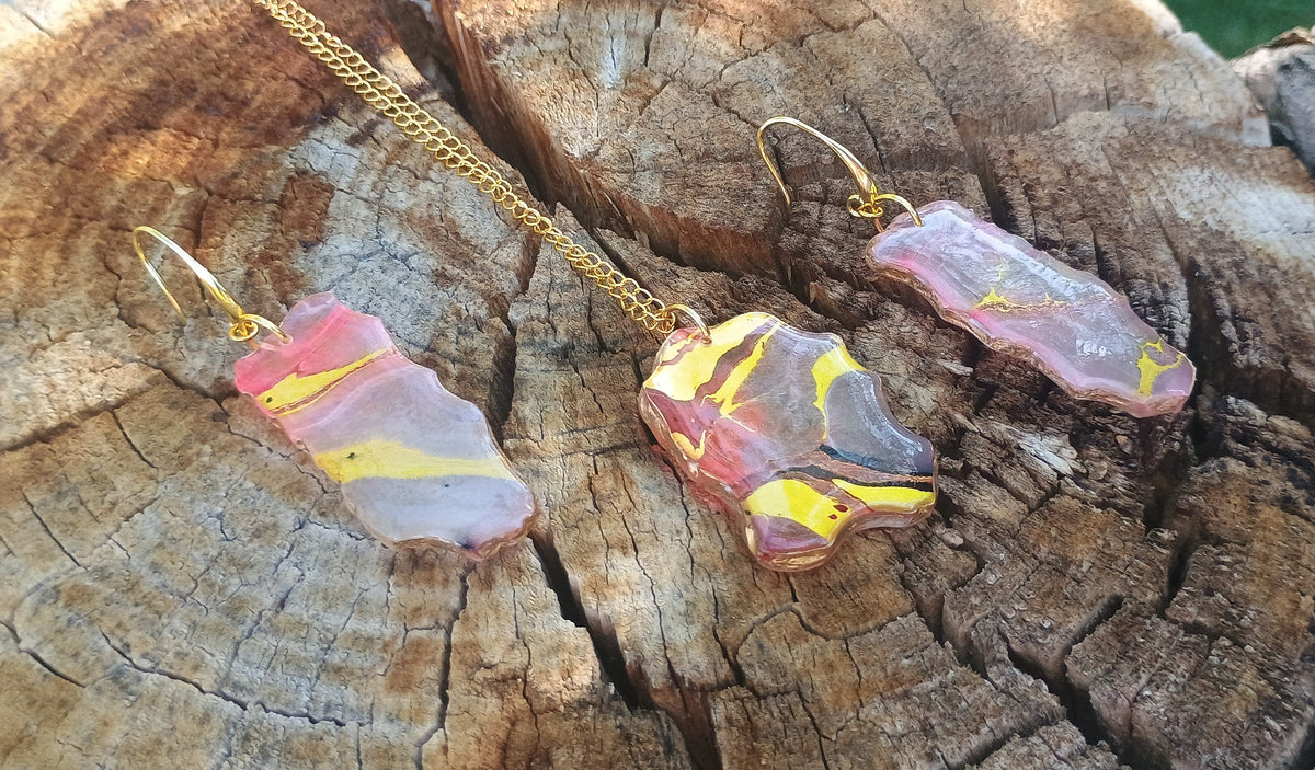 Handmade Pink & Gold Resin Dangle Earrings — Marbled Stone Look | Matching Pendant Available | Style By Jess