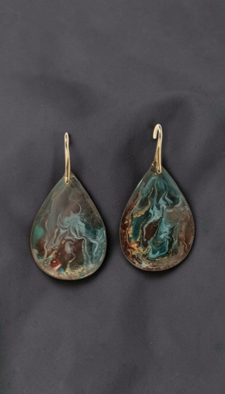 Dangle Earrings Fashionable Emerald Noir Resin Drop Earrings — Handmade with 18K Gold Plated Hardware