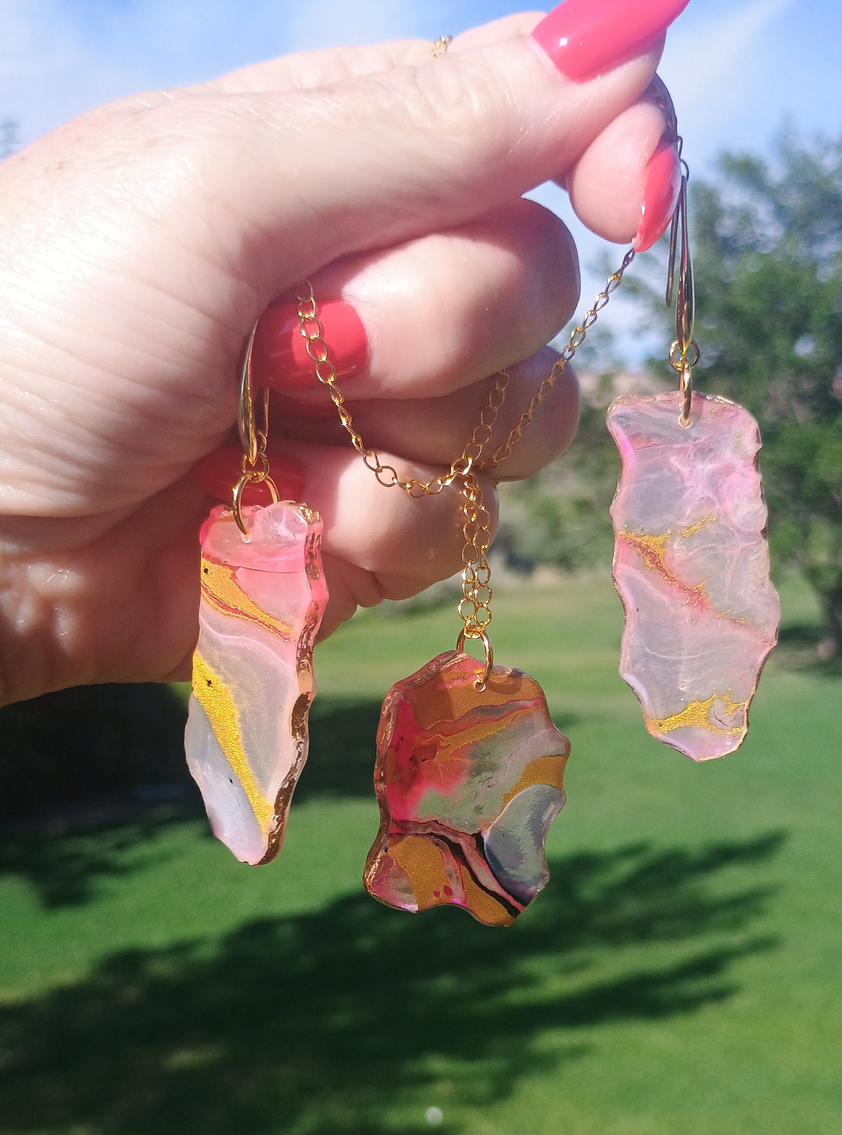 Handmade Pink & Gold Resin Dangle Earrings — Marbled Stone Look | Matching Pendant Available | Style By Jess