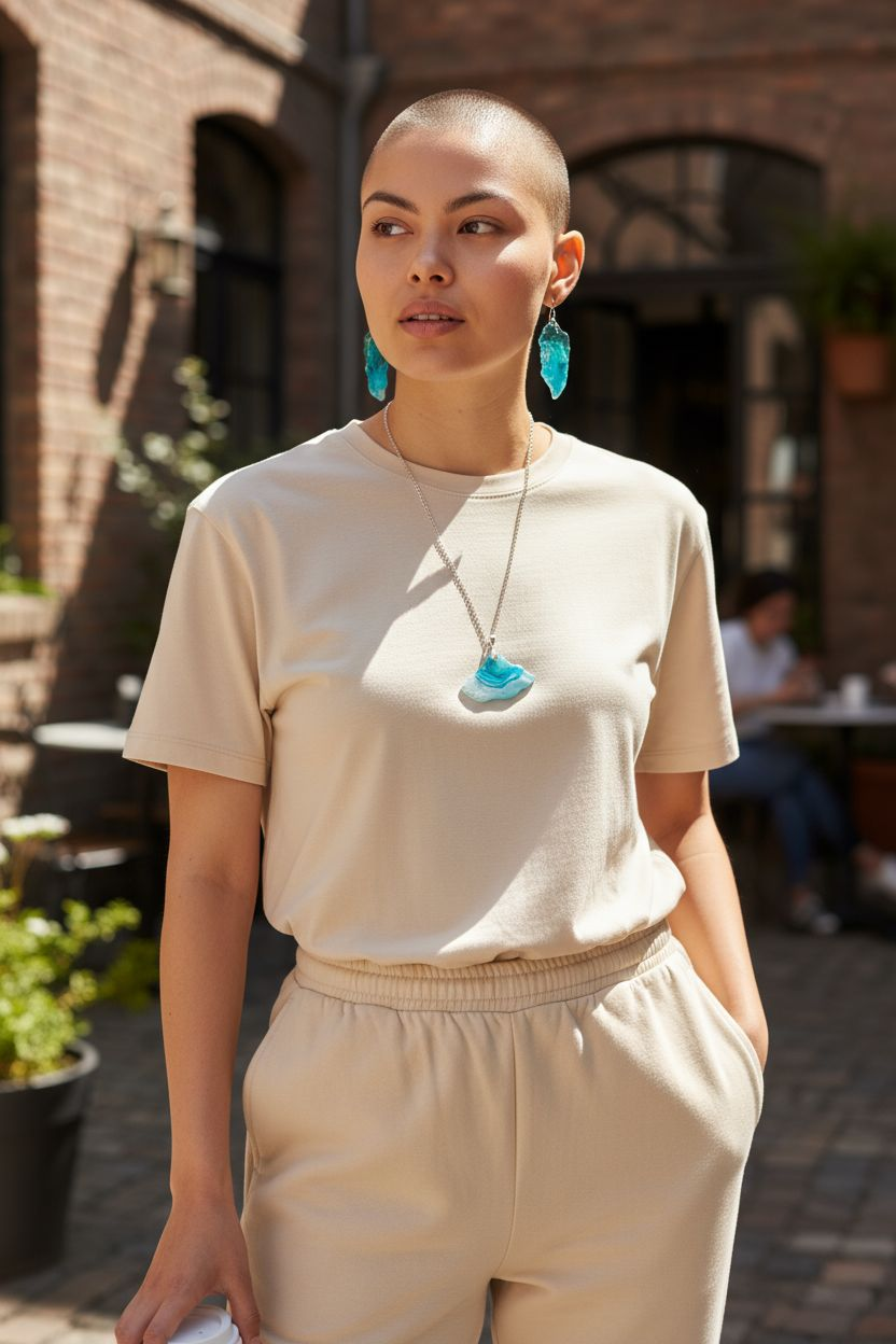 Woman wearing a beige t-shirt and pants with teal earrings and necklace, standing outdoors.