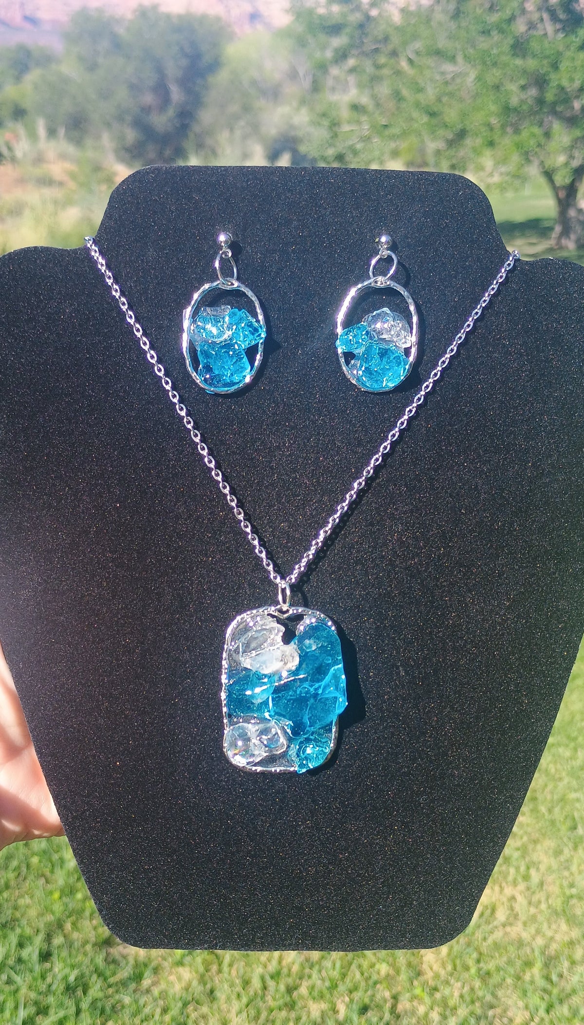 Ocean Sea Glass Blue Dangle Earrings & Pendant Necklace Set — Handmade Resin Beach Jewelry | Style By Jess