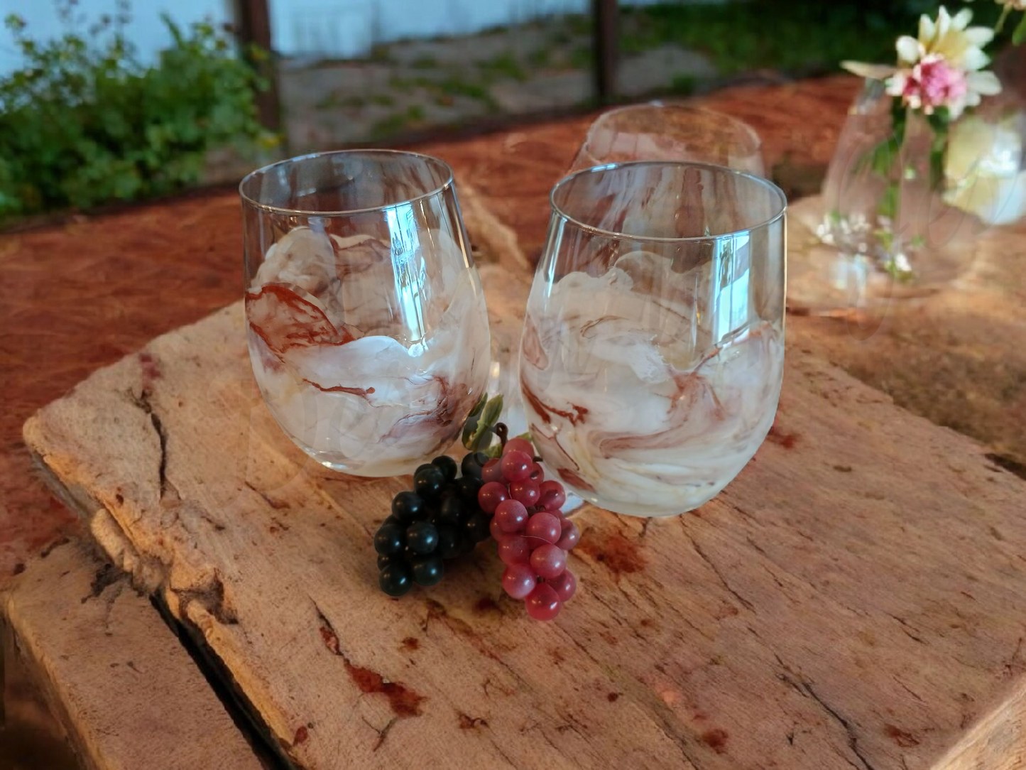 Handmade Stemless Wine Glass - Hand Painted Resin White & Copper Swirl Design