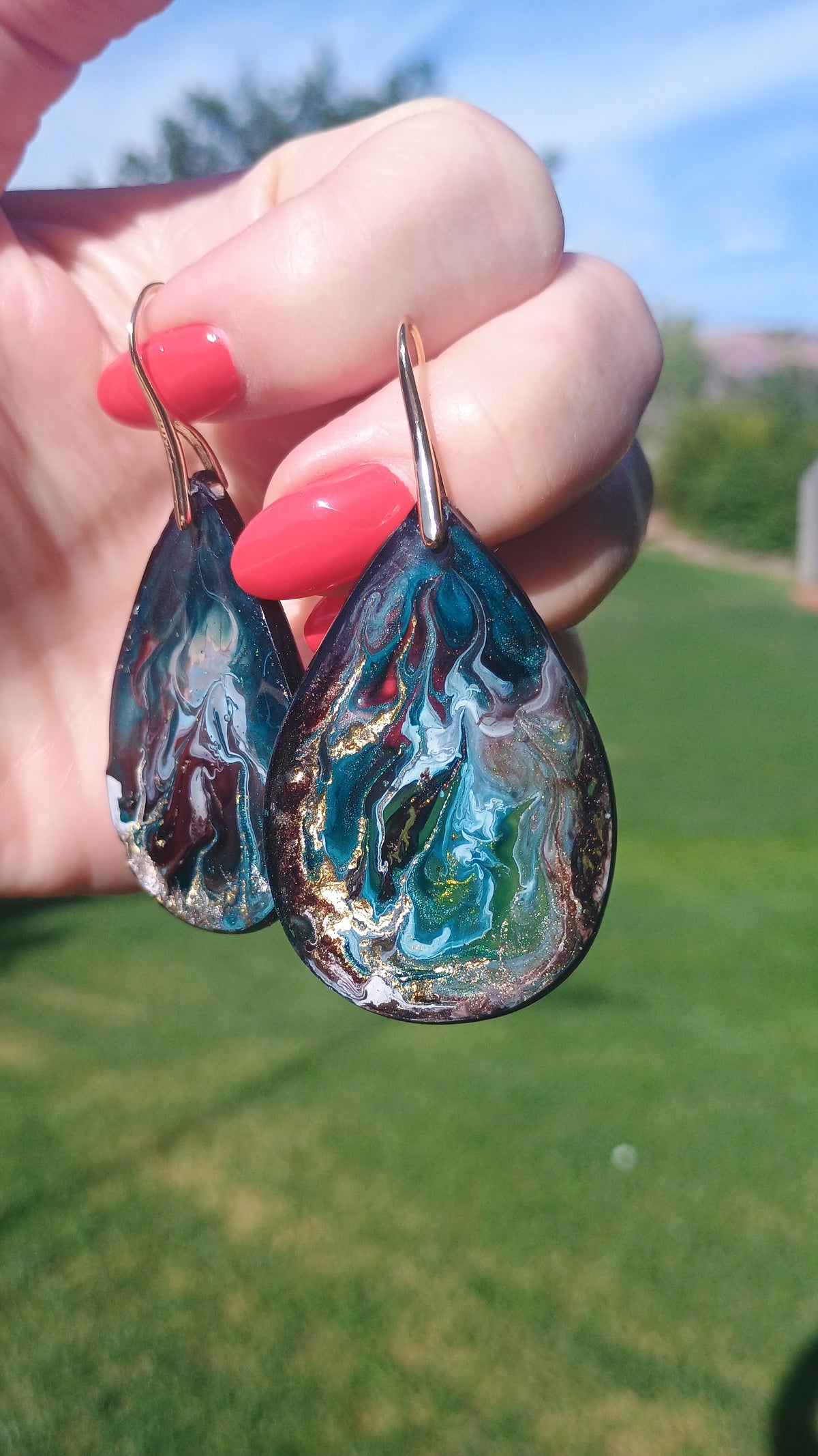 Dangle Earrings Fashionable Emerald Noir Resin Drop Earrings — Handmade with 18K Gold Plated Hardware