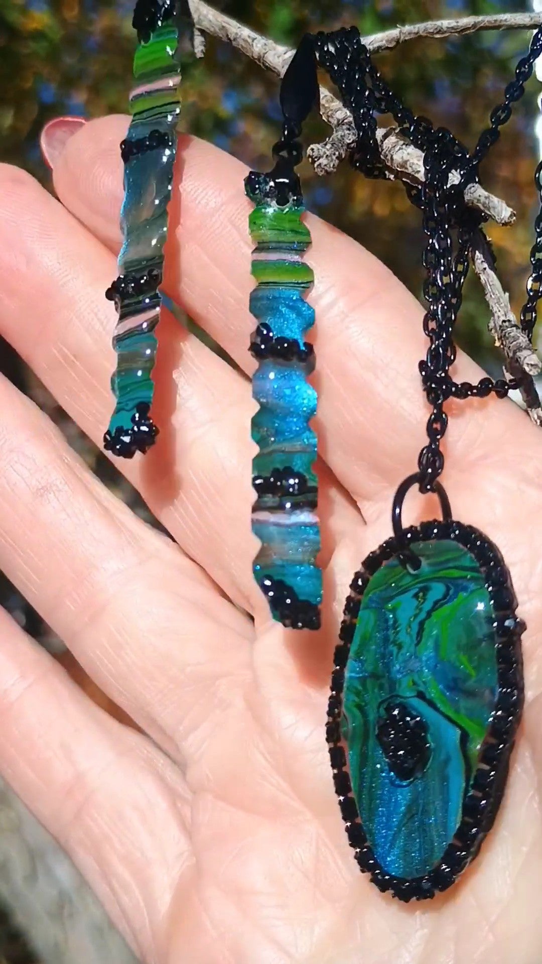 Necklace and Earring Set – Blue & Green Handmade Art Jewelry with Black Crystals