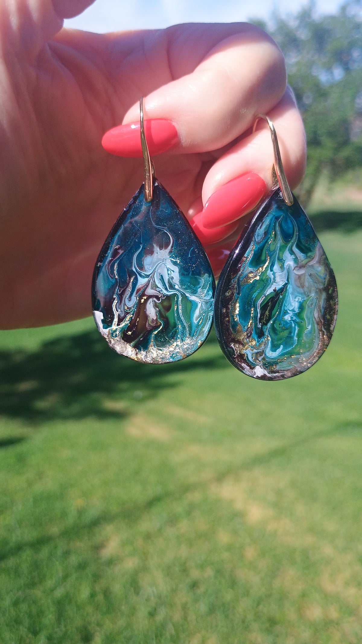 Dangle Earrings Fashionable Emerald Noir Resin Drop Earrings — Handmade with 18K Gold Plated Hardware
