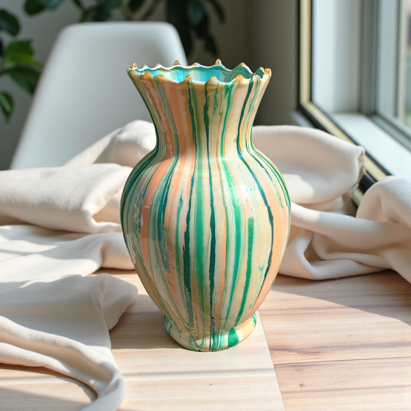 Handmade Green Glass Vase - Boho Abstract Art Design | Perfect Wedding & Home Decor Gift