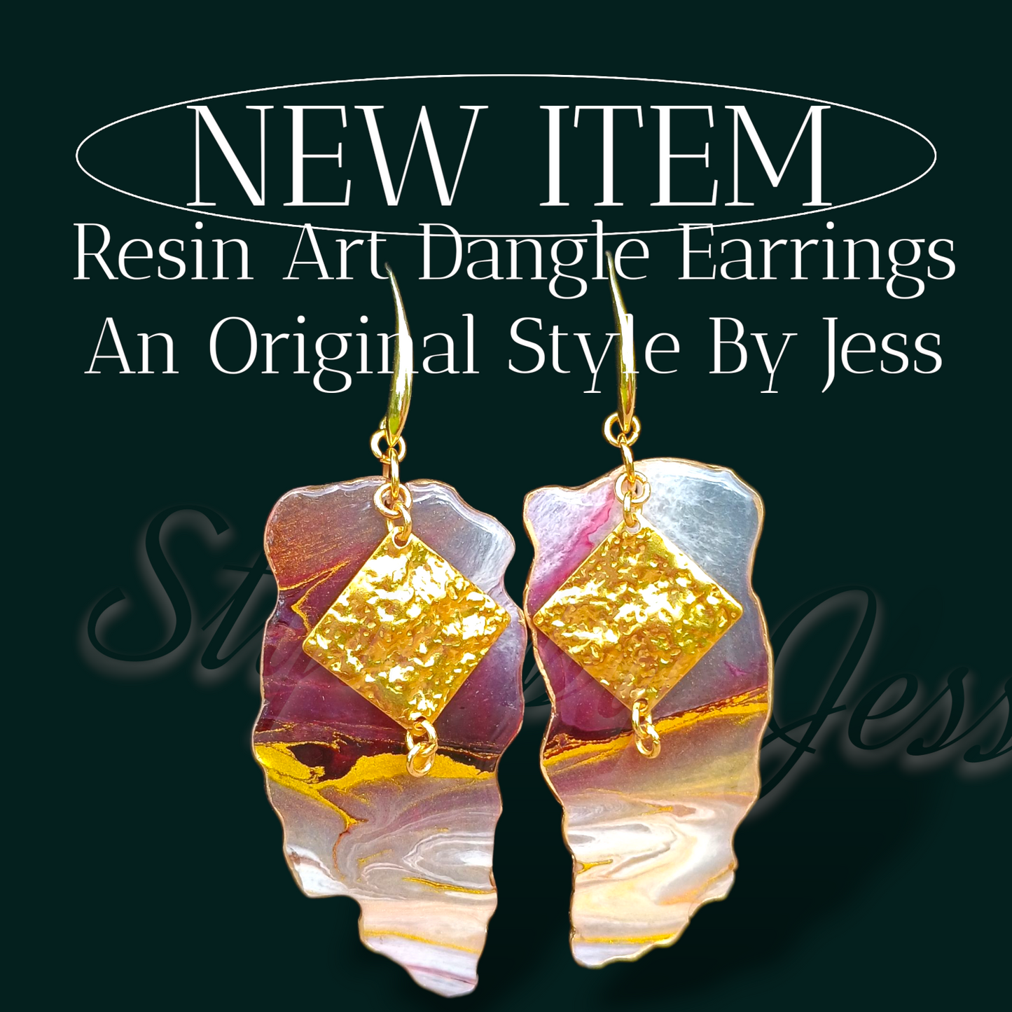 Resin art dangle earrings with gold accents on a dark background, featuring text about a new item by Jess.