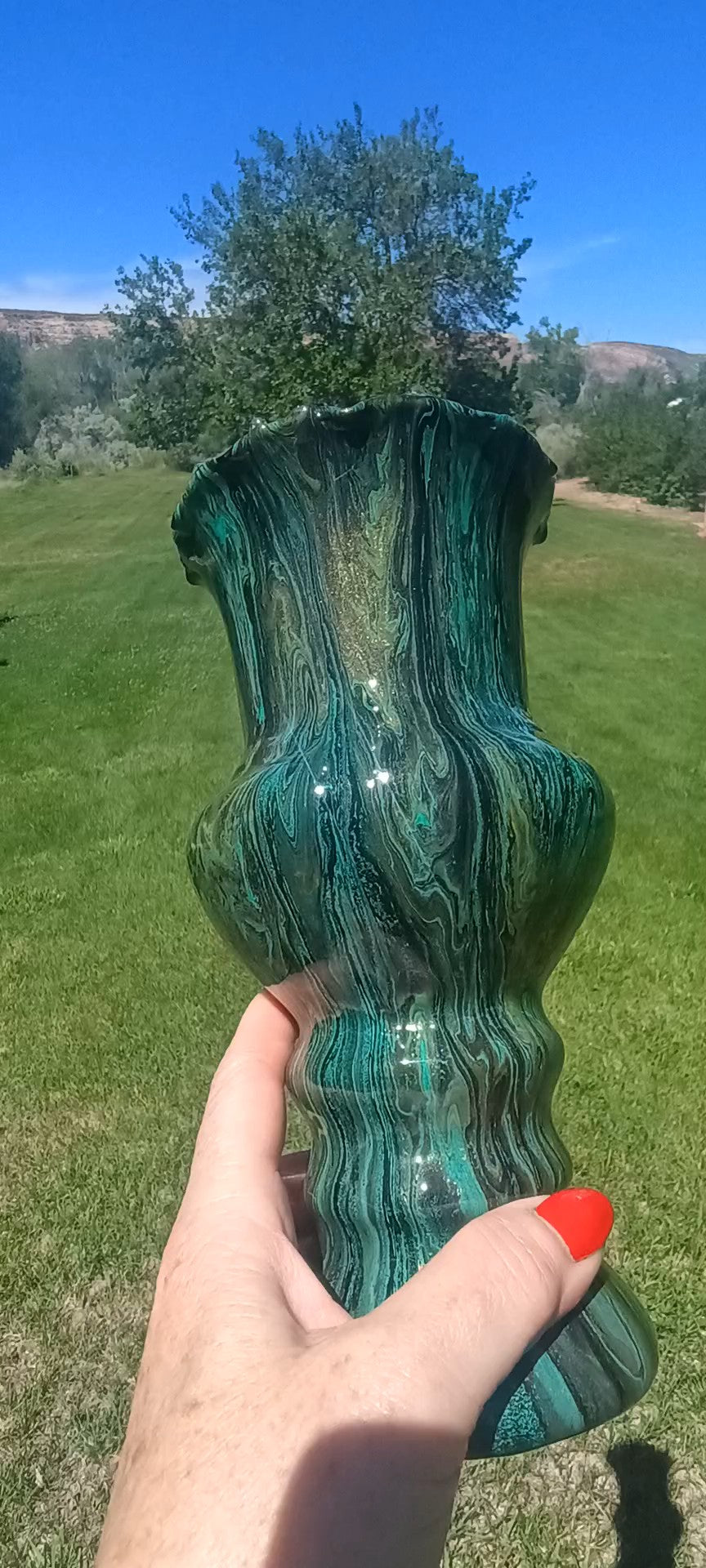Fluid Art Glass Vase | Teal Green & Gold | Handmade Signed Original | 8" Decorative Vase | Style By Jess